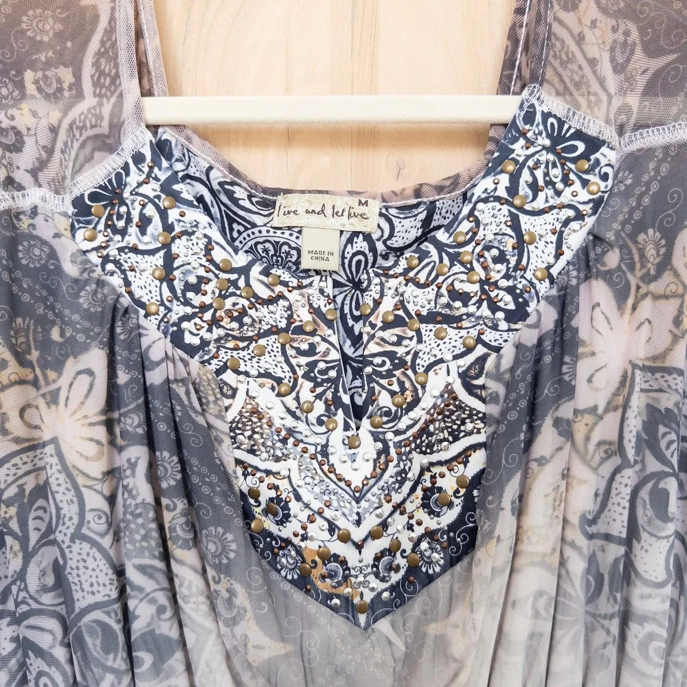 Y2K Live‎ and Let Live Womens Dress Size M Gray Ombre Beaded Boho Fairy Grunge
